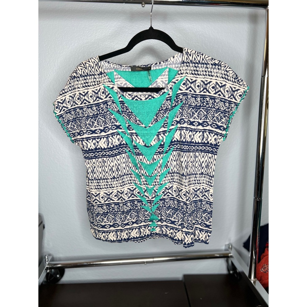 THML Anthropologie Small Tribal Aztec Boho Geometric Embroidered Cap Sleeve Top